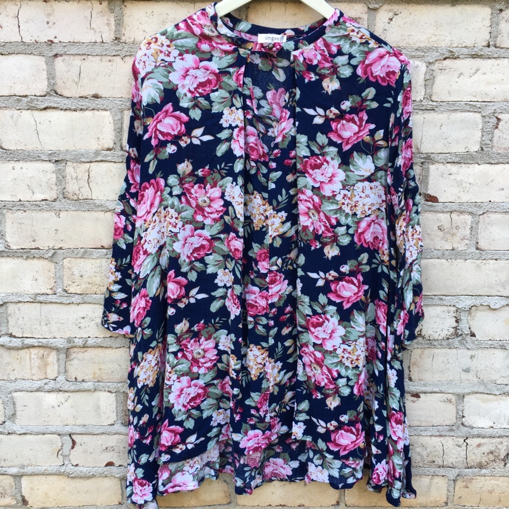 Umgee Floral Swing Keyhole Trapeze Tunic Dress S